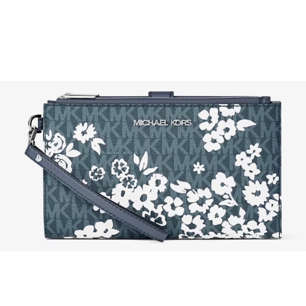 MICHAEL KORS JST Lg Double Zip Printed Sign Logo Wristlet Wallet Navy
